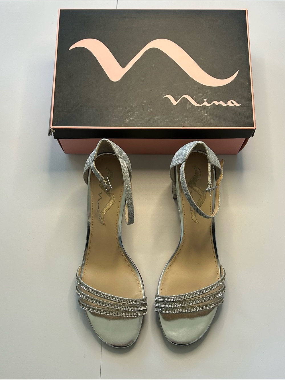 Nina Silver Rhinestone Ankle-Strap Heels